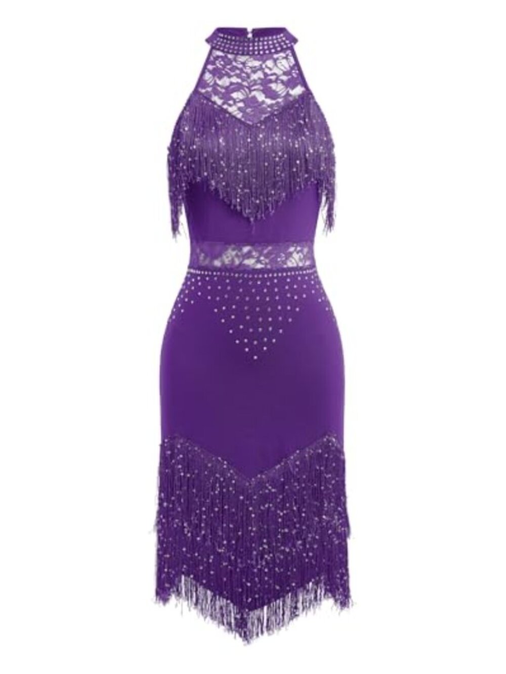 Sequin Tassel Fringe Latin Dance Dress Halter Ballroom Salsa Costume